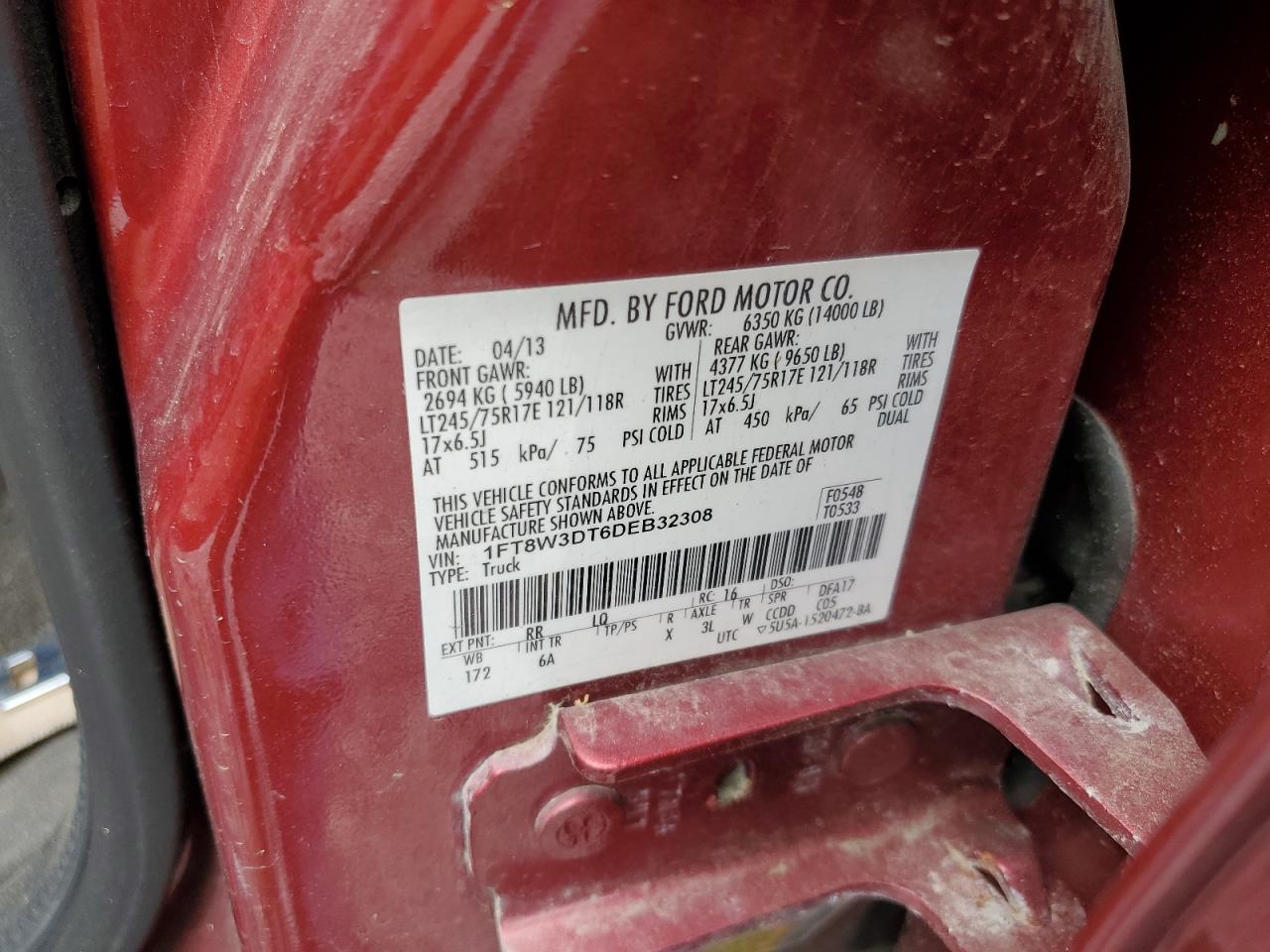 2013 Ford F350 Super Duty VIN: 1FT8W3DT6DEB32308 Lot: 60478414