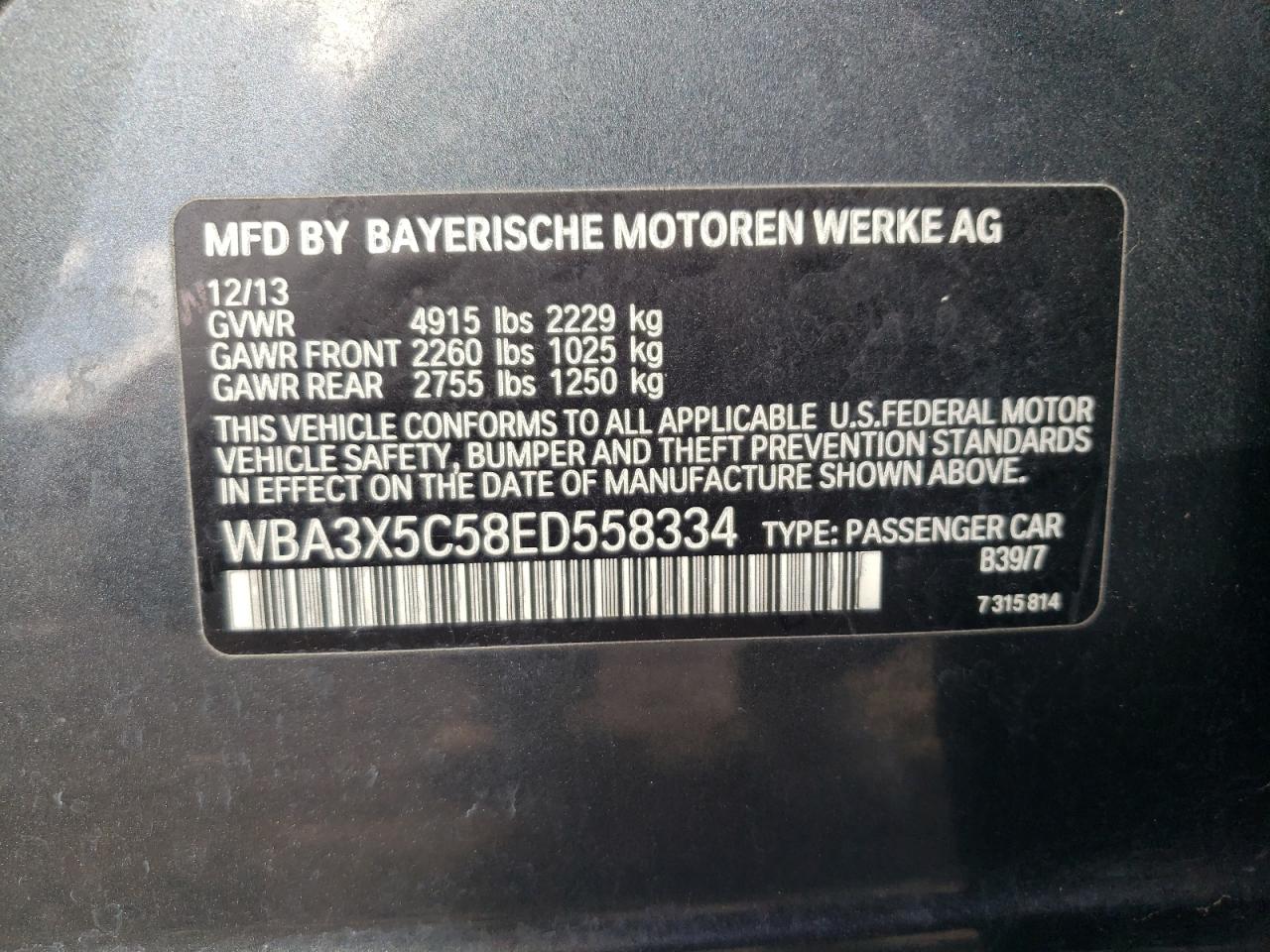 VIN WBA3X5C58ED558334 2014 BMW 3 SERIES no.12