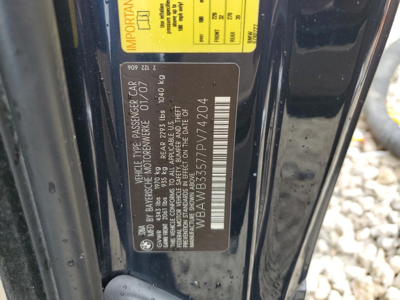 2007 BMW 328 I VIN: WBAWB33577PV74204 Lot: 59411984