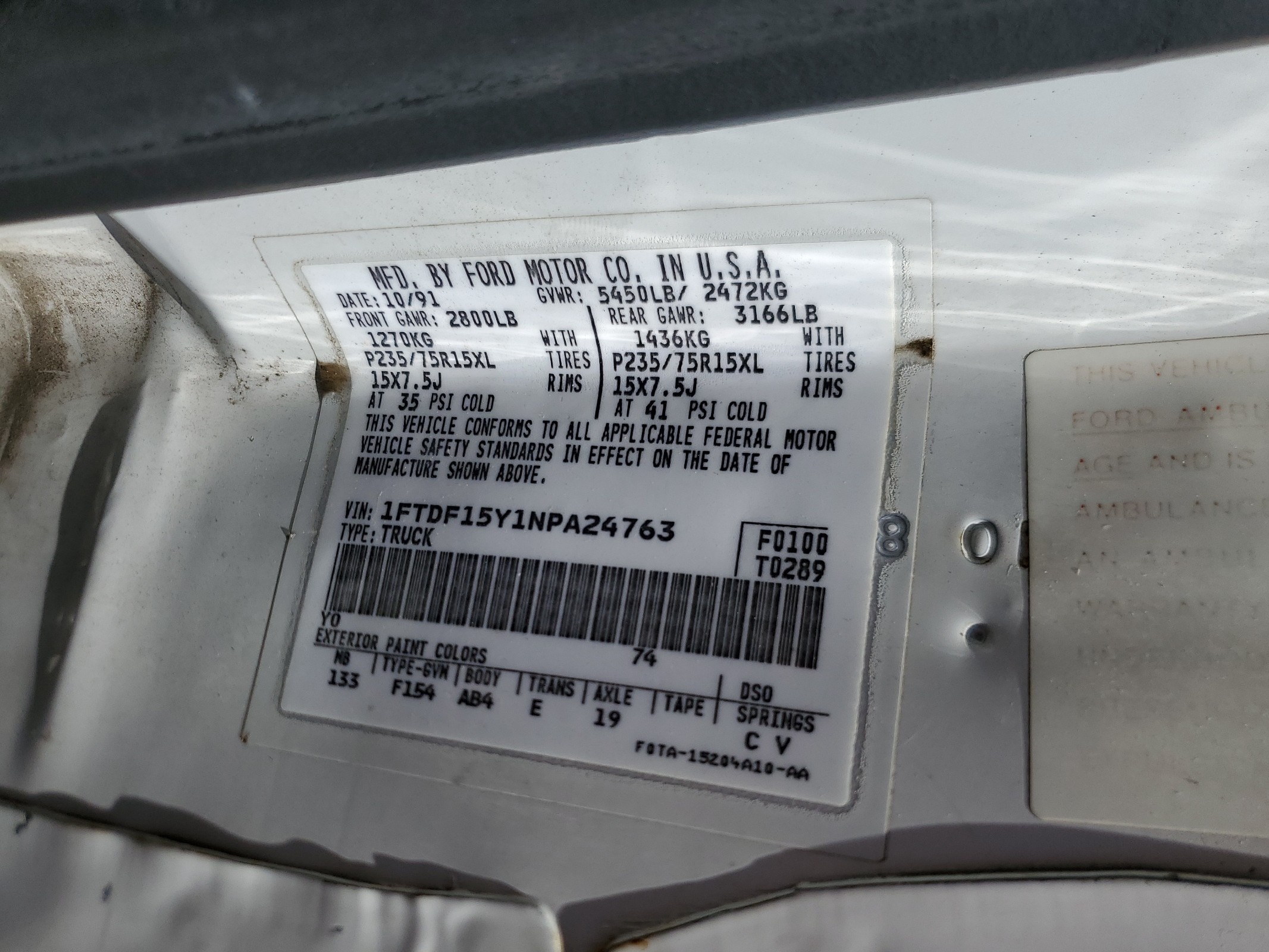 1FTDF15Y1NPA24763 1992 Ford F150