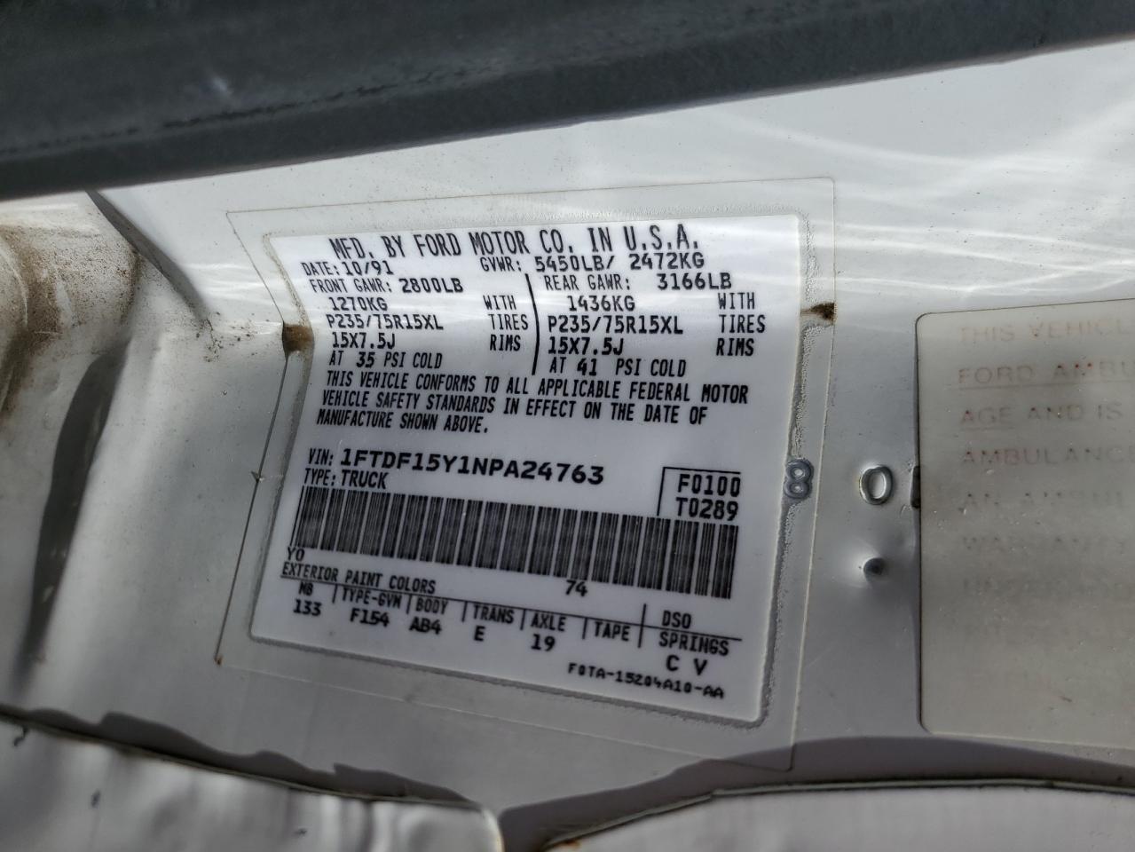 1992 Ford F150 VIN: 1FTDF15Y1NPA24763 Lot: 60309454