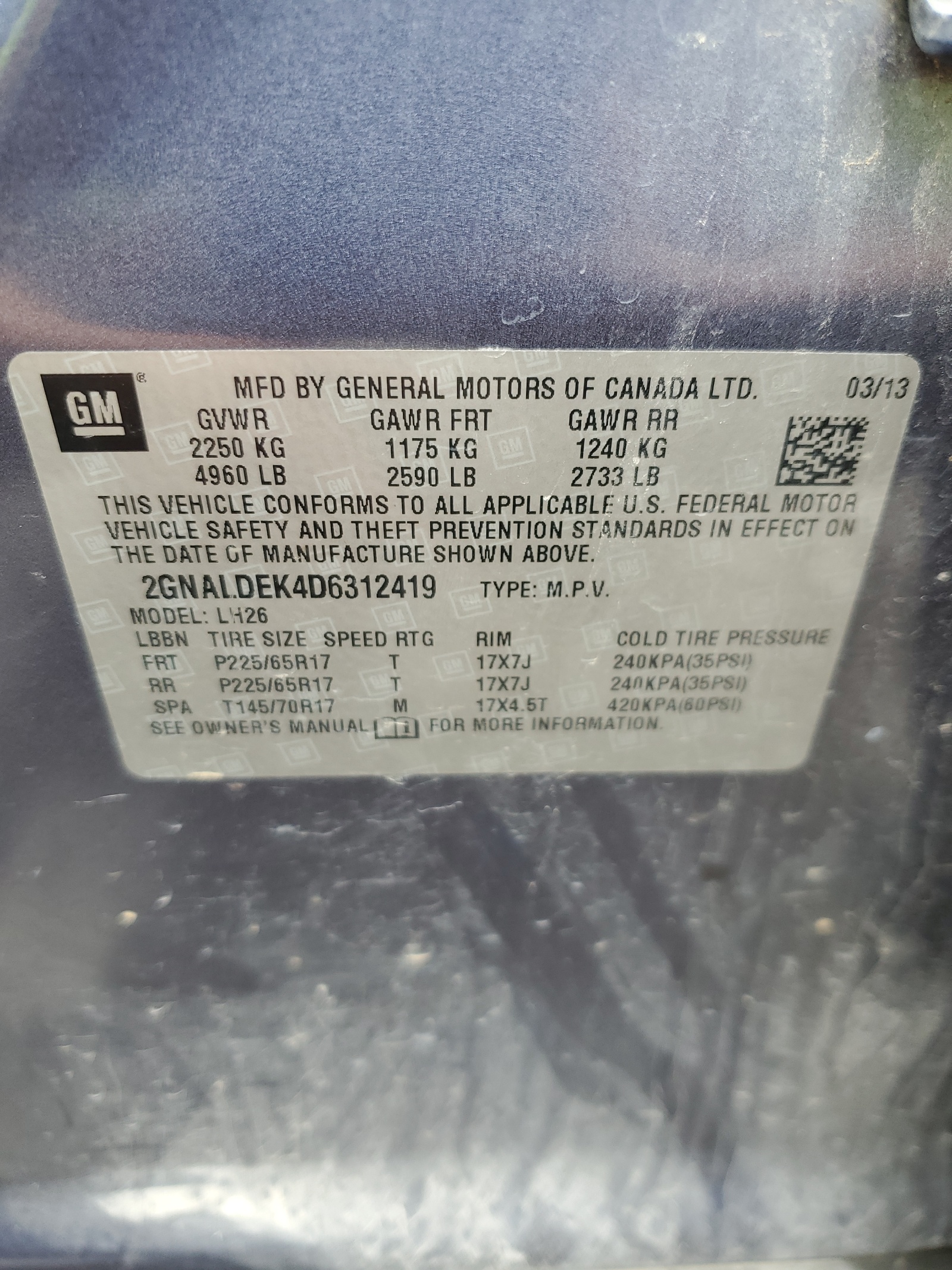 2GNALDEK4D6312419 2013 Chevrolet Equinox Lt