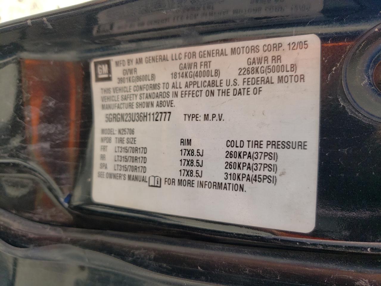 2006 Hummer H2 VIN: 5GRGN23U36H112777 Lot: 58539374