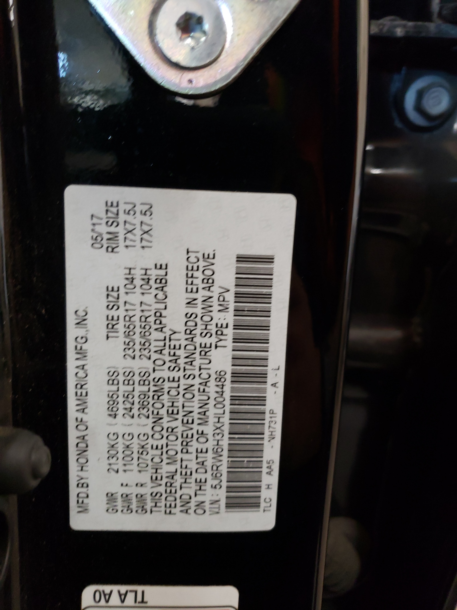 5J6RW6H3XHL004486 2017 Honda Cr-V Lx