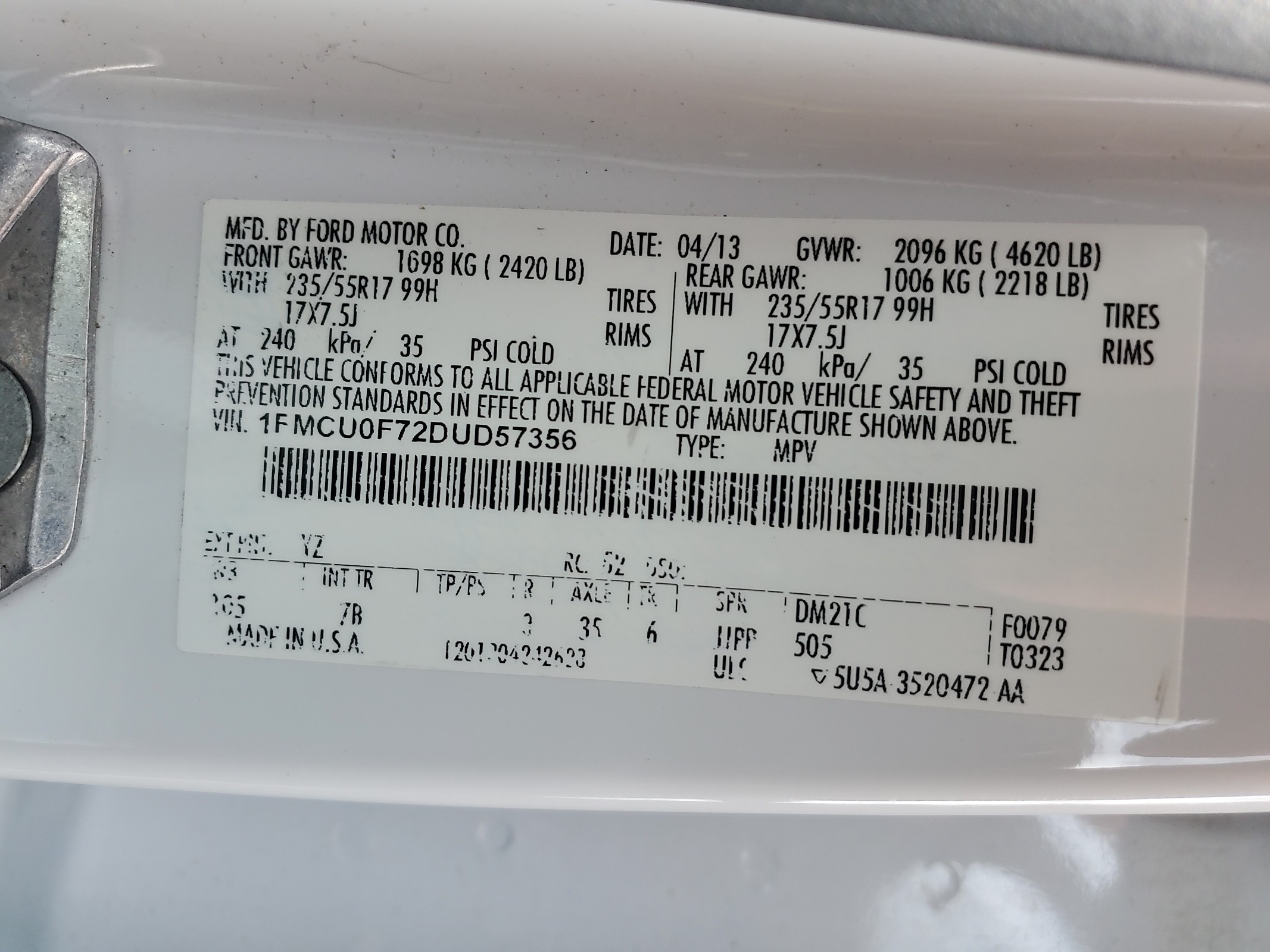 1FMCU0F72DUD57356 2013 Ford Escape S