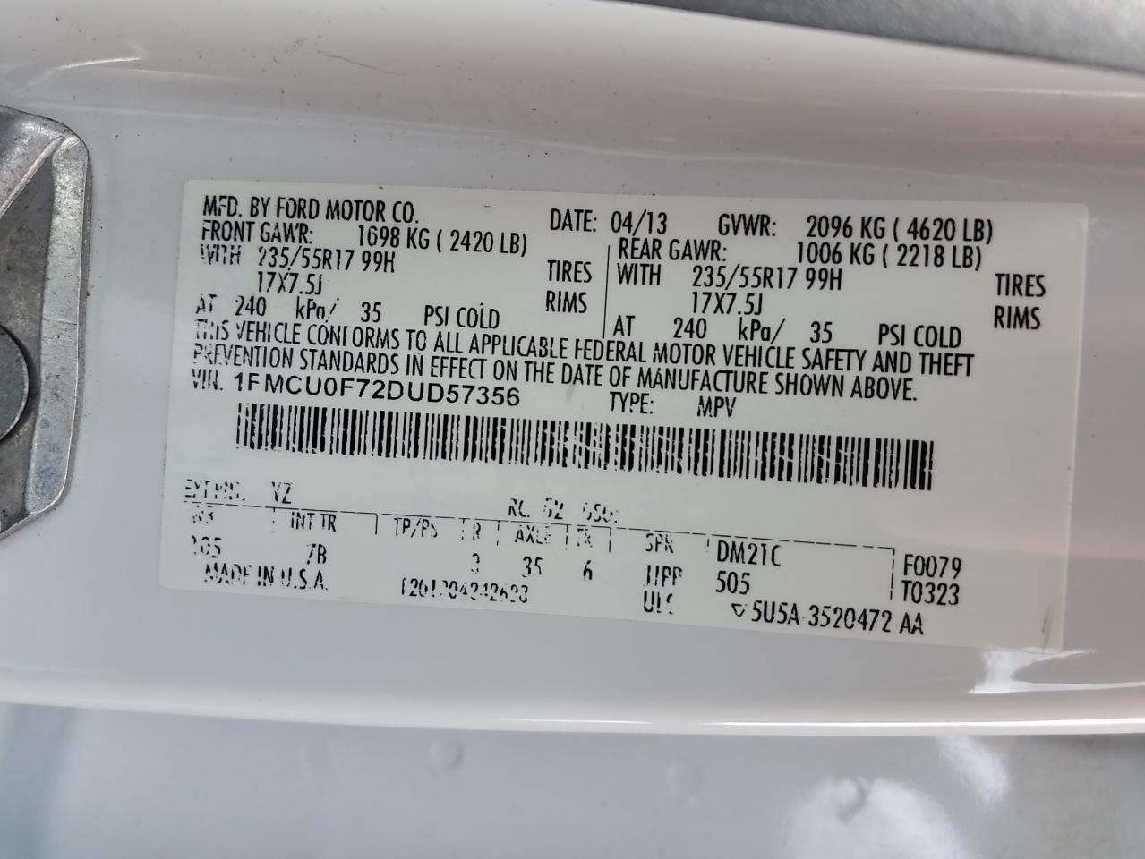 2013 Ford Escape S VIN: 1FMCU0F72DUD57356 Lot: 56427844