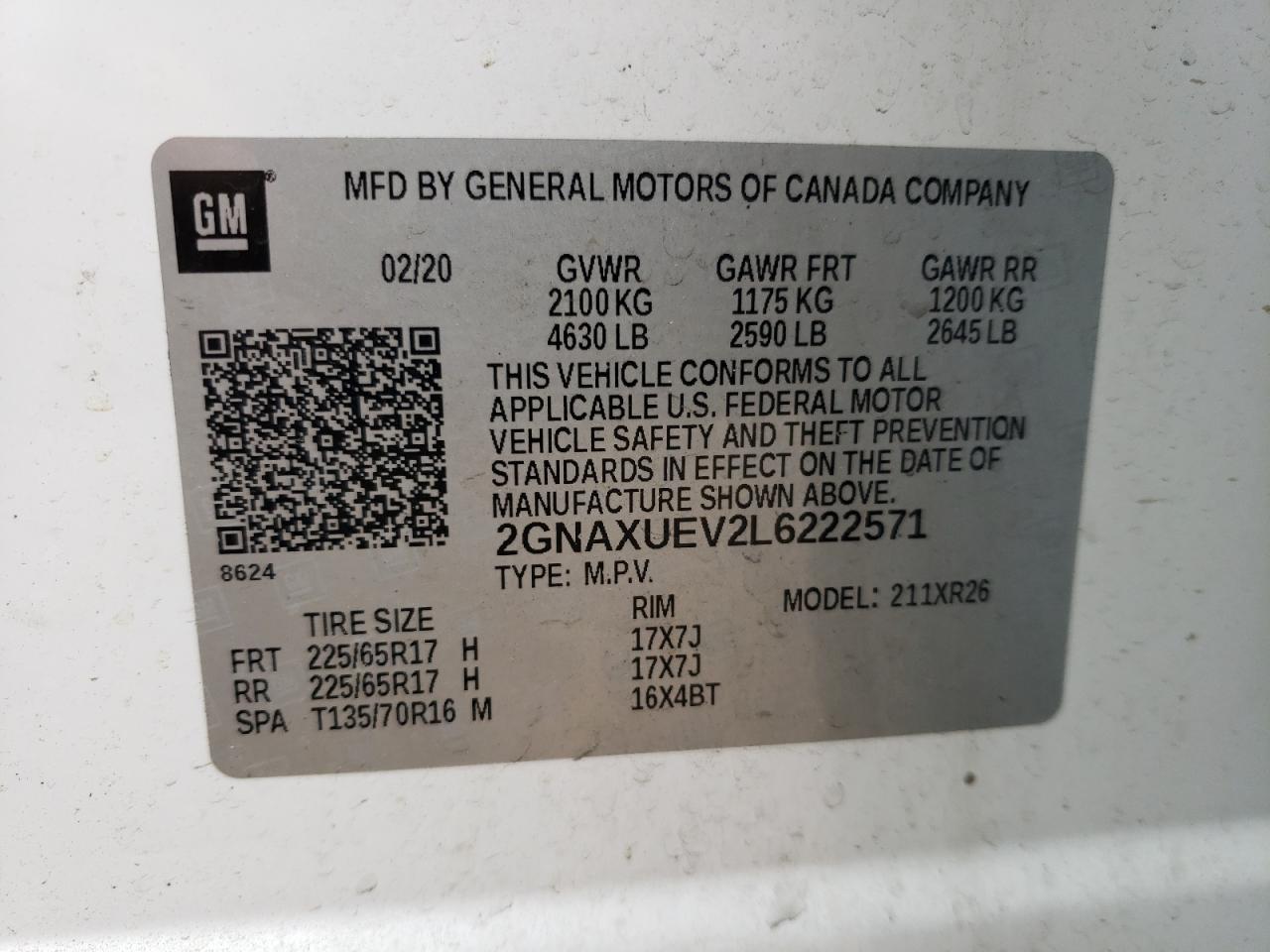 2020 Chevrolet Equinox Lt VIN: 2GNAXUEV2L6222571 Lot: 86691684