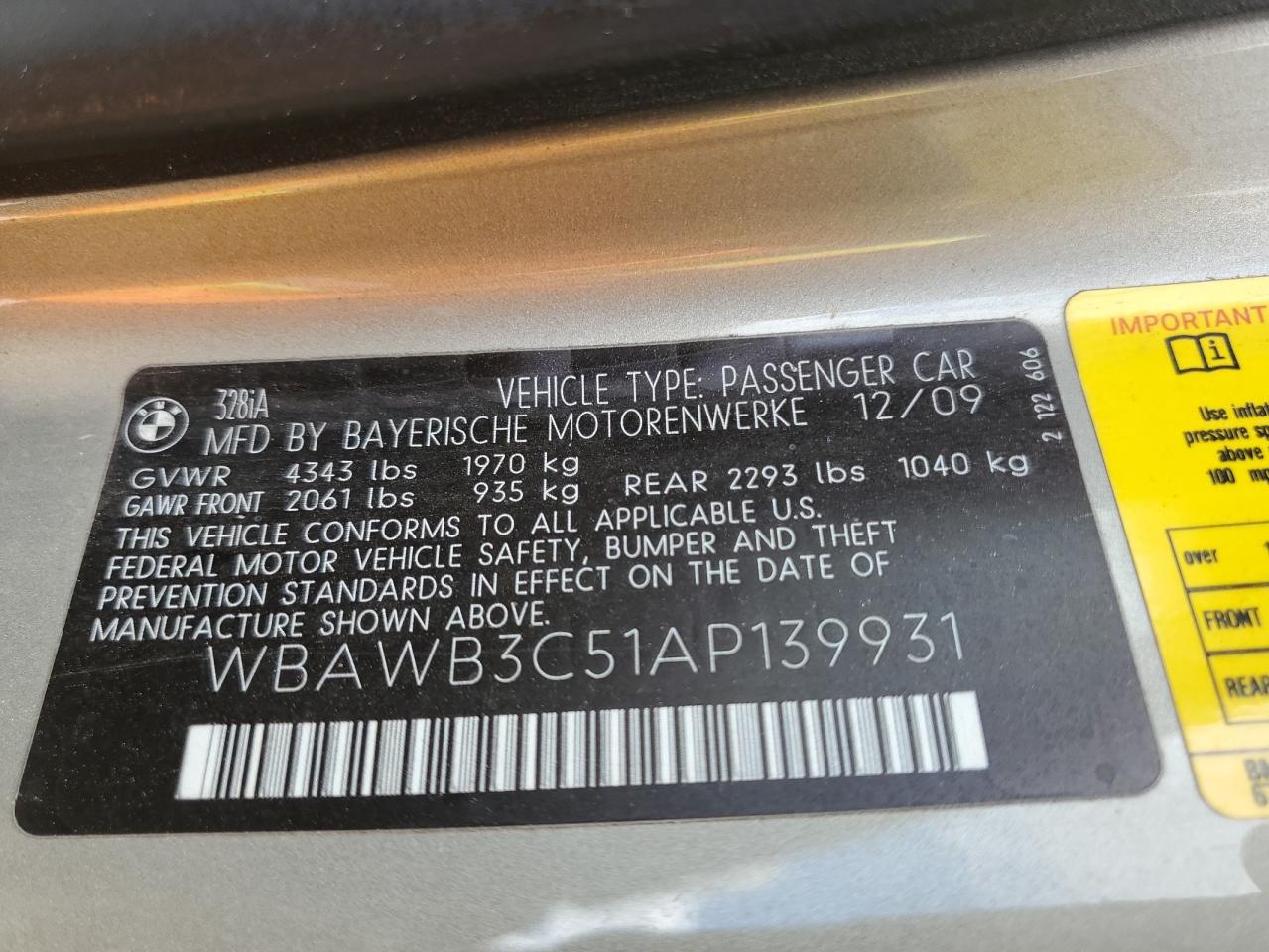 2010 BMW 328 I VIN: WBAWB3C51AP139931 Lot: 60949894