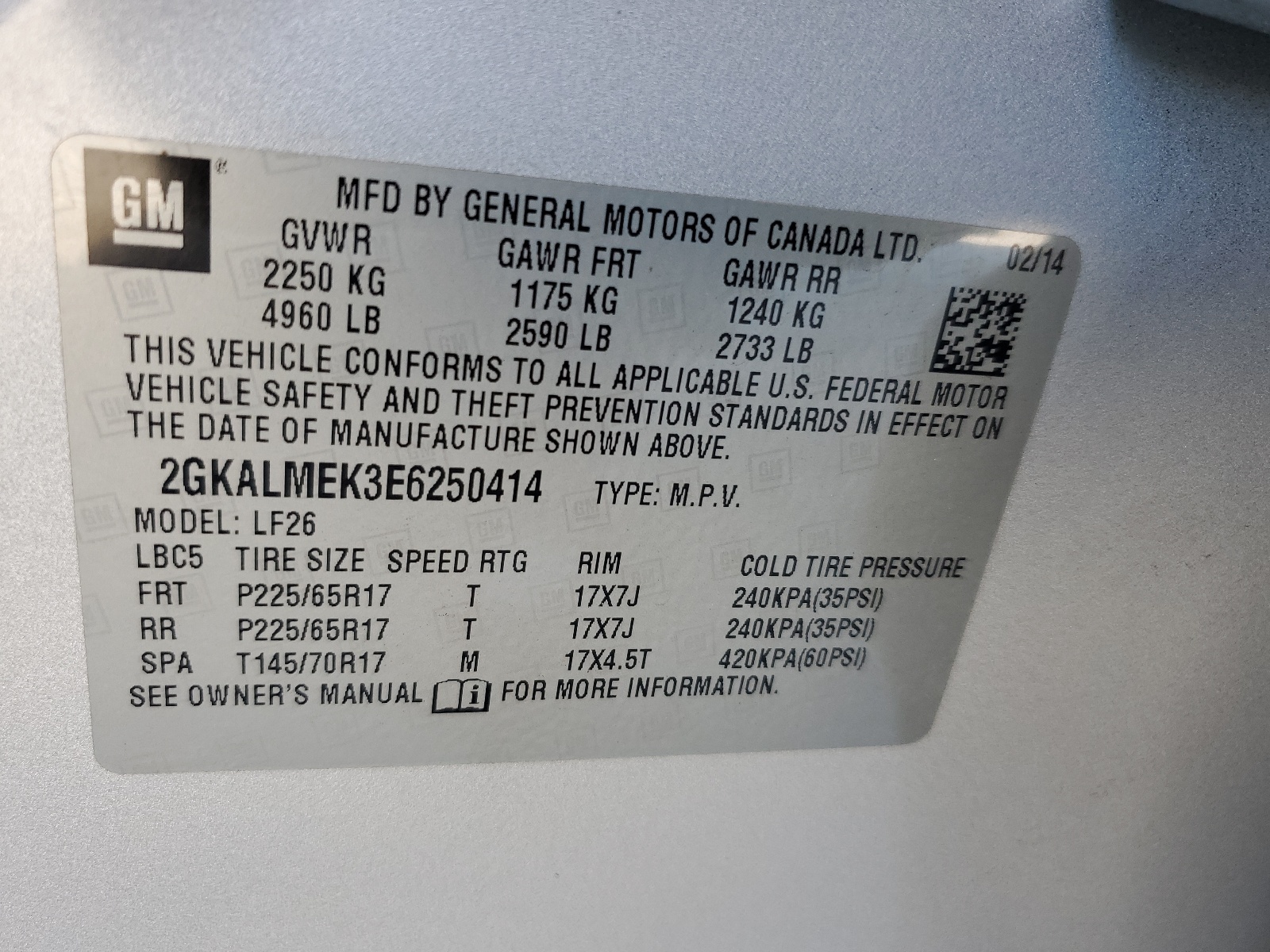 2GKALMEK3E6250414 2014 GMC Terrain Sle