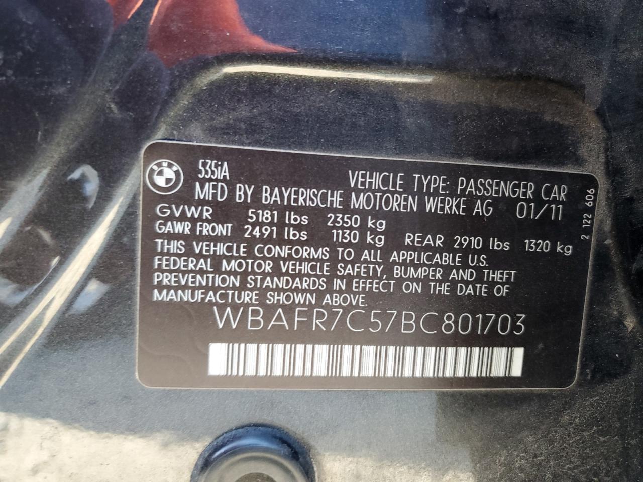 2011 BMW 535 I VIN: WBAFR7C57BC801703 Lot: 59138324