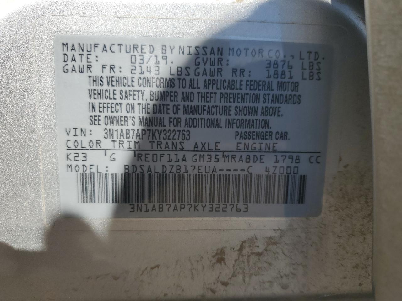 3N1AB7AP7KY322763 2019 Nissan Sentra S