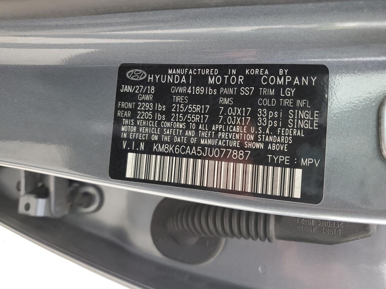 KM8K6CAA5JU077887 2018 Hyundai Kona Sel