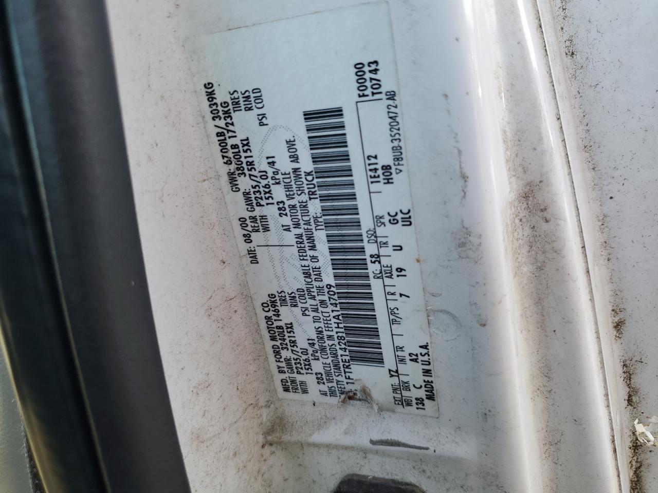 2001 Ford Econoline E150 Van VIN: 1FTRE14281HA14709 Lot: 60096724