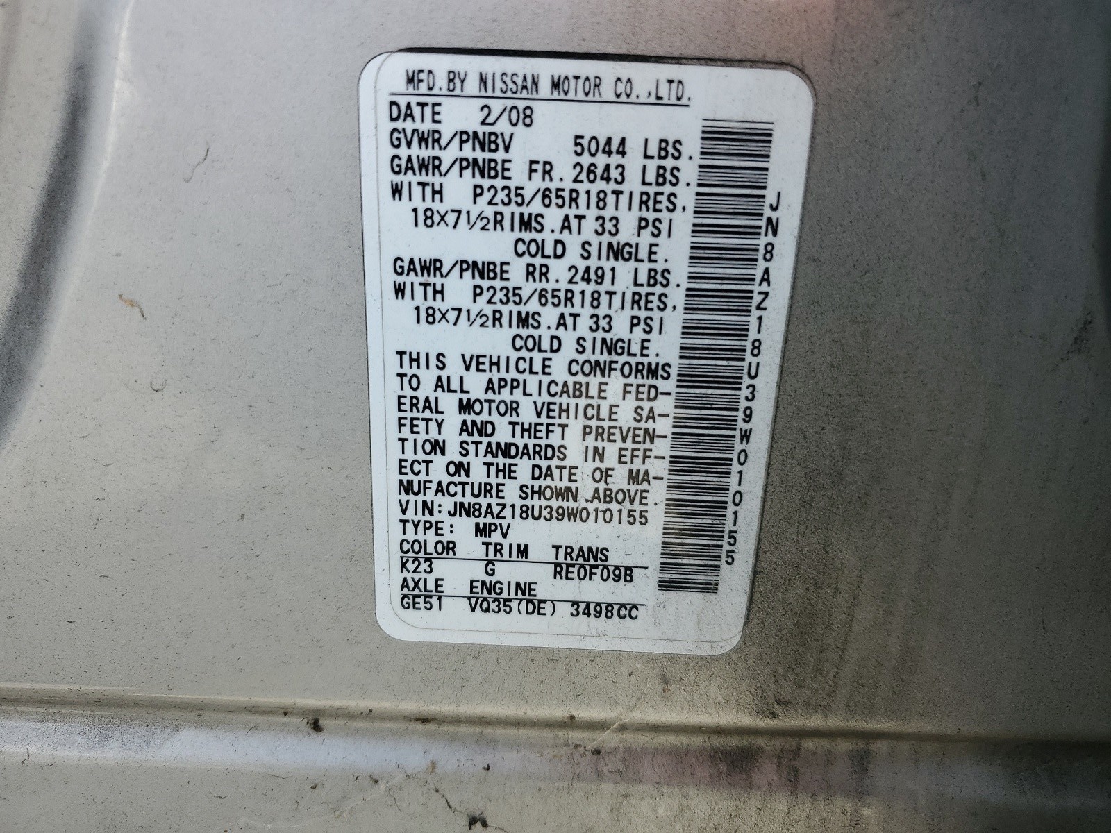 JN8AZ18U39W010155 2009 Nissan Murano S