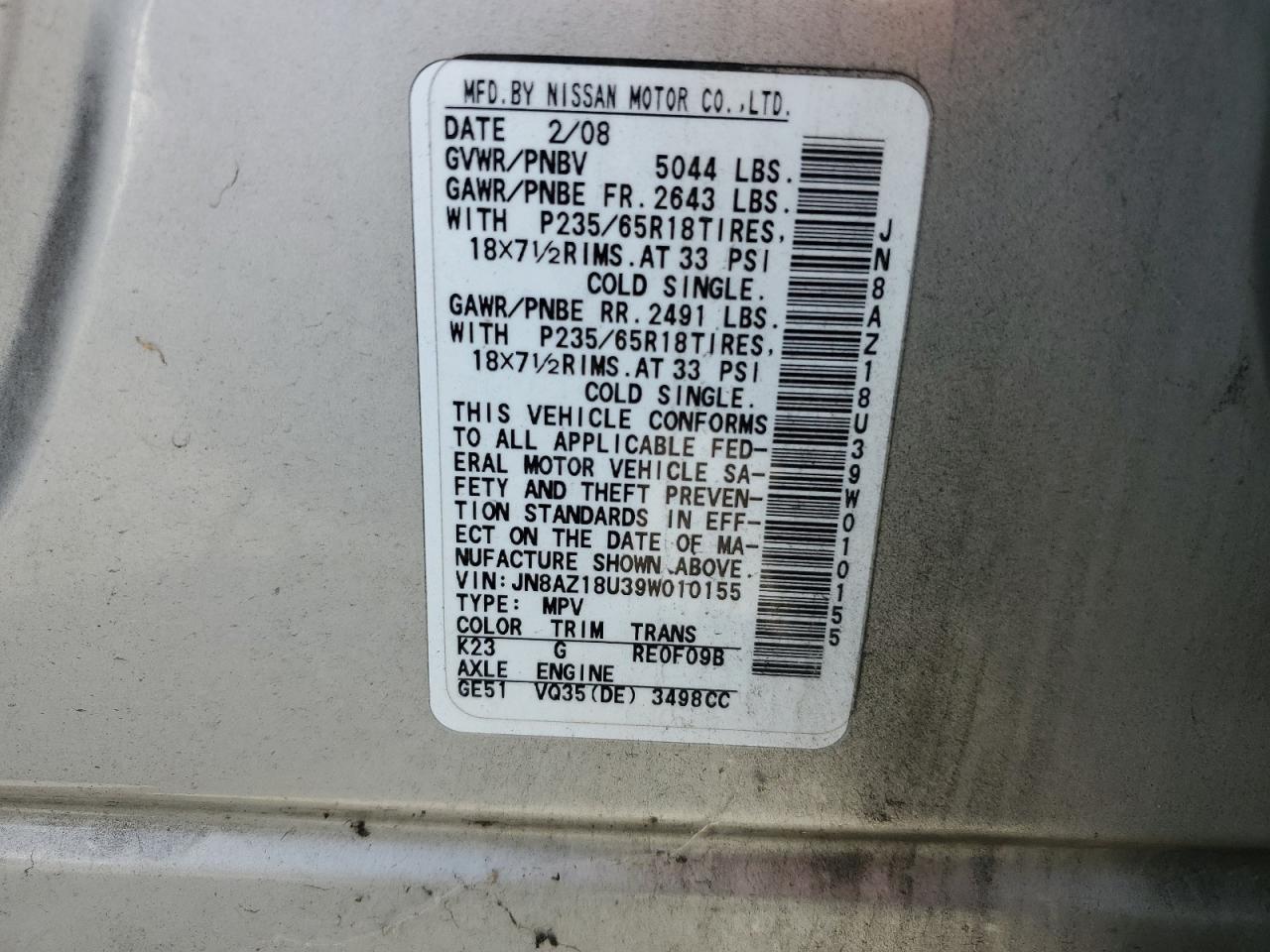 2009 Nissan Murano S VIN: JN8AZ18U39W010155 Lot: 59286324