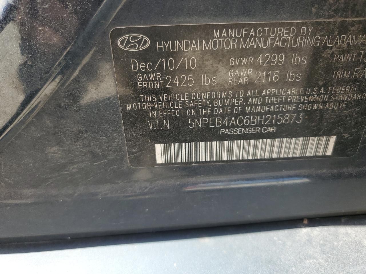 5NPEB4AC6BH215873 2011 Hyundai Sonata Gls