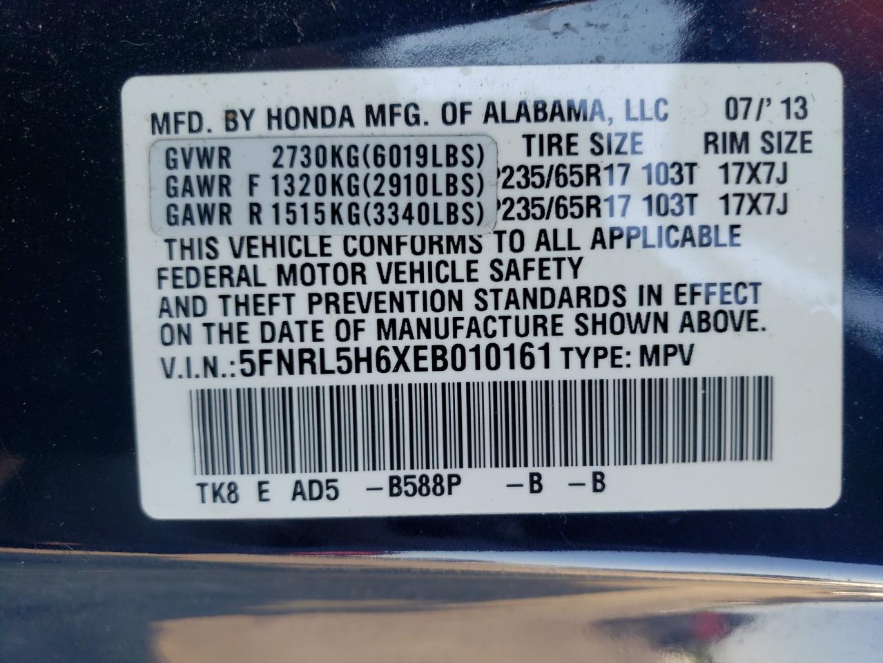 5FNRL5H6XEB010161 2014 Honda Odyssey Exl