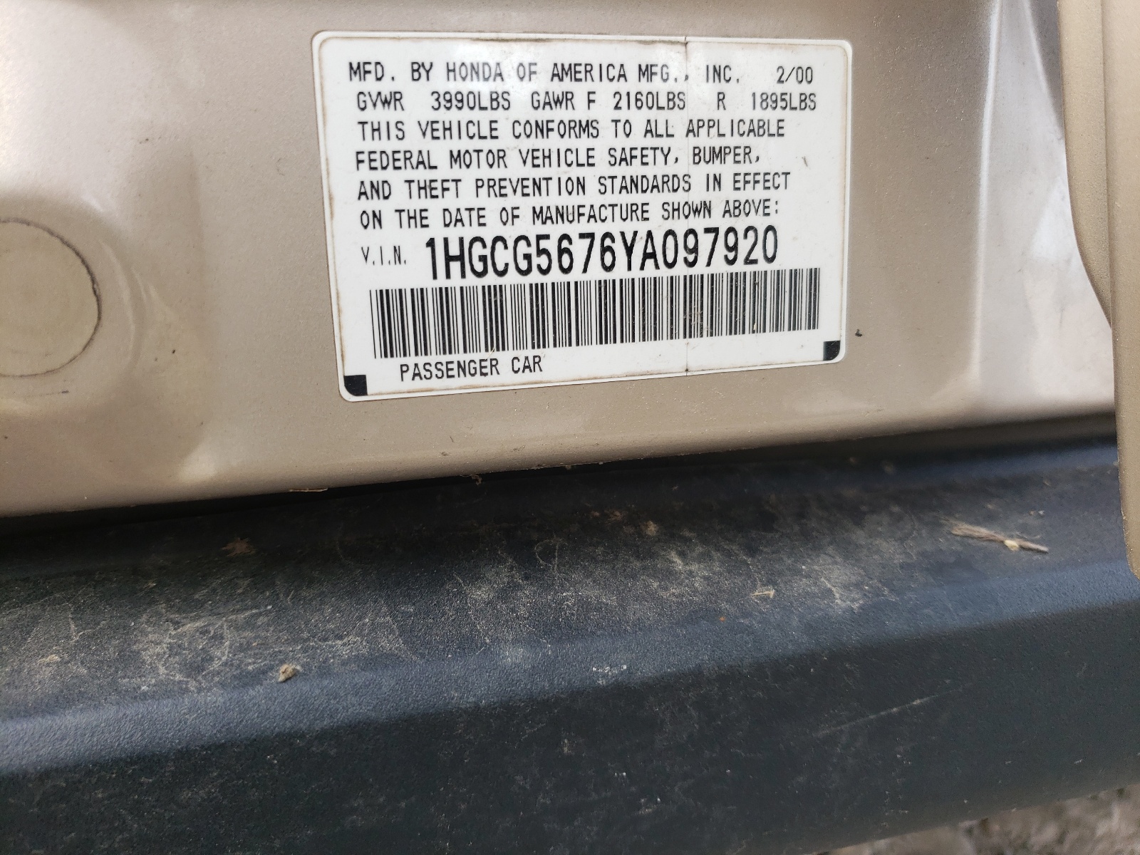 1HGCG5676YA097920 2000 Honda Accord Se
