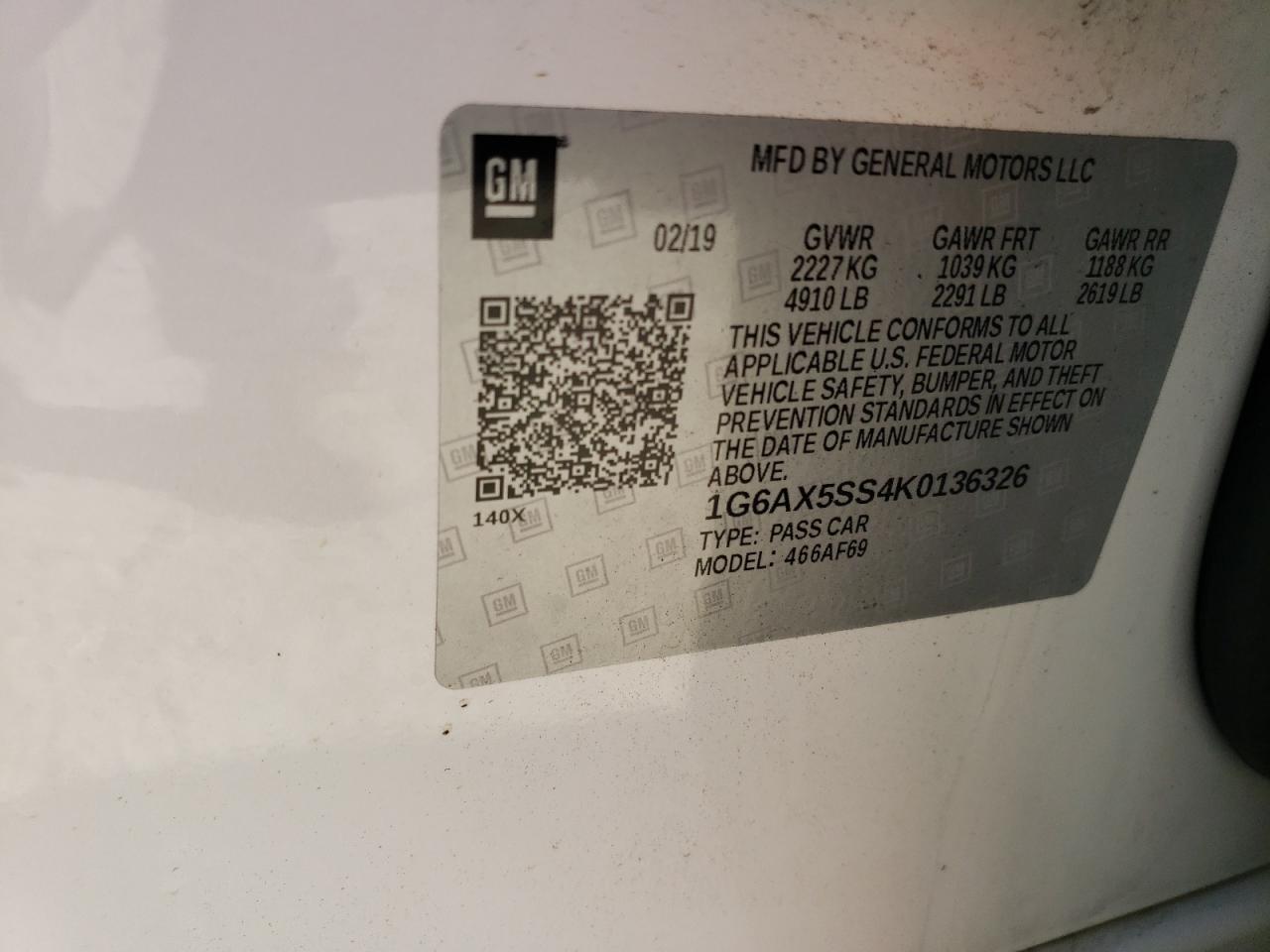 2019 Cadillac Cts Luxury VIN: 1G6AX5SS4K0136326 Lot: 59753284