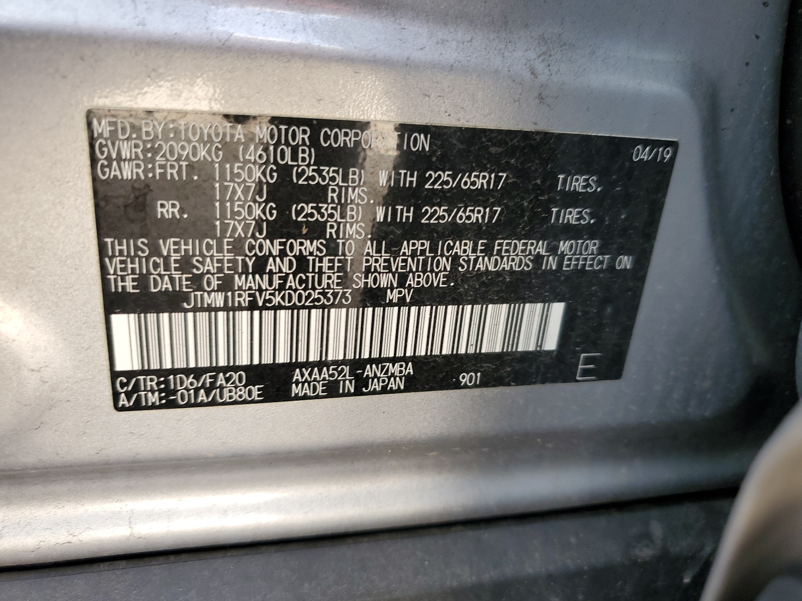 JTMW1RFV5KD025373 2019 Toyota Rav4 Xle