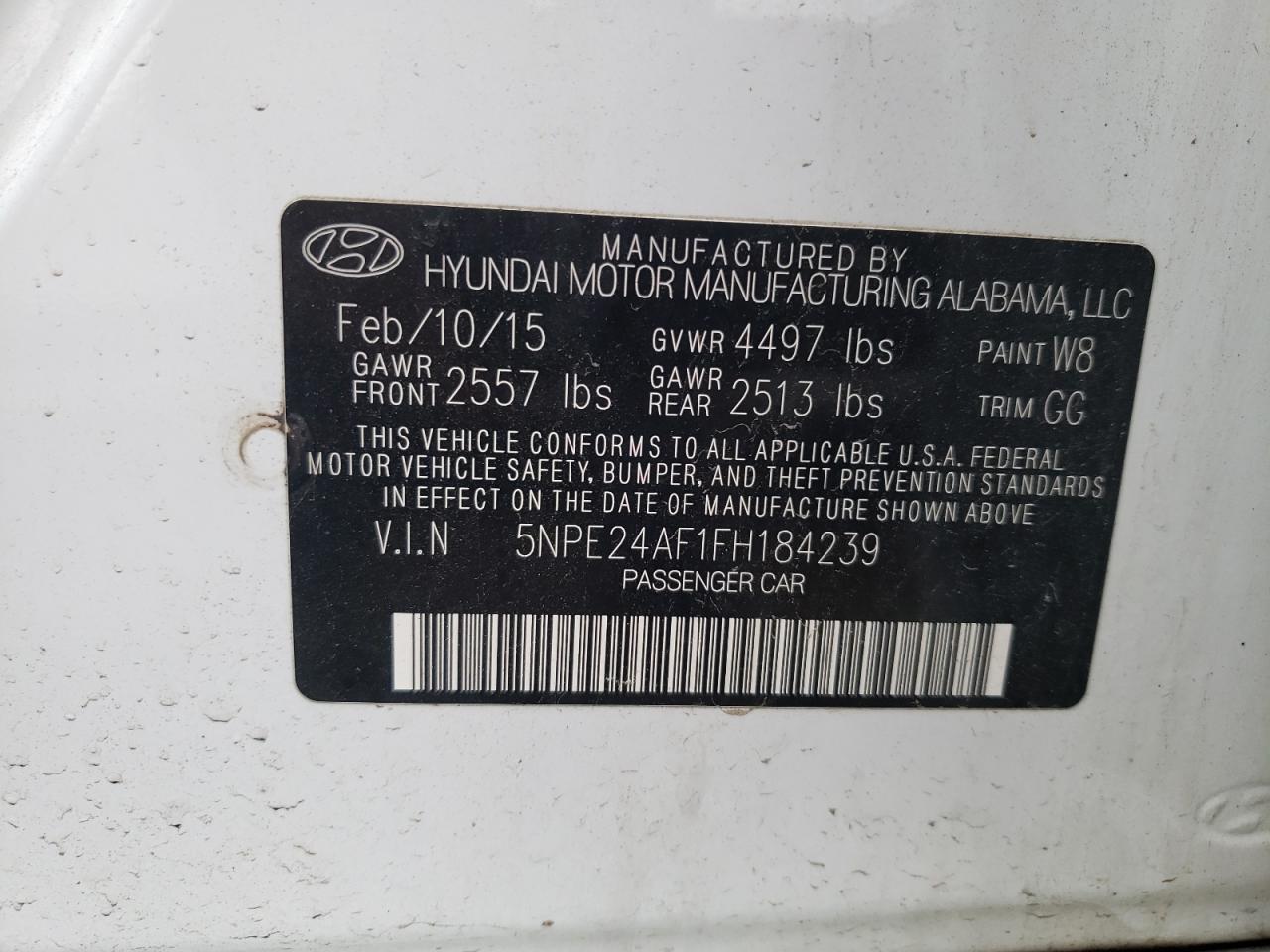 2015 Hyundai Sonata Se VIN: 5NPE24AF1FH184239 Lot: 59360284