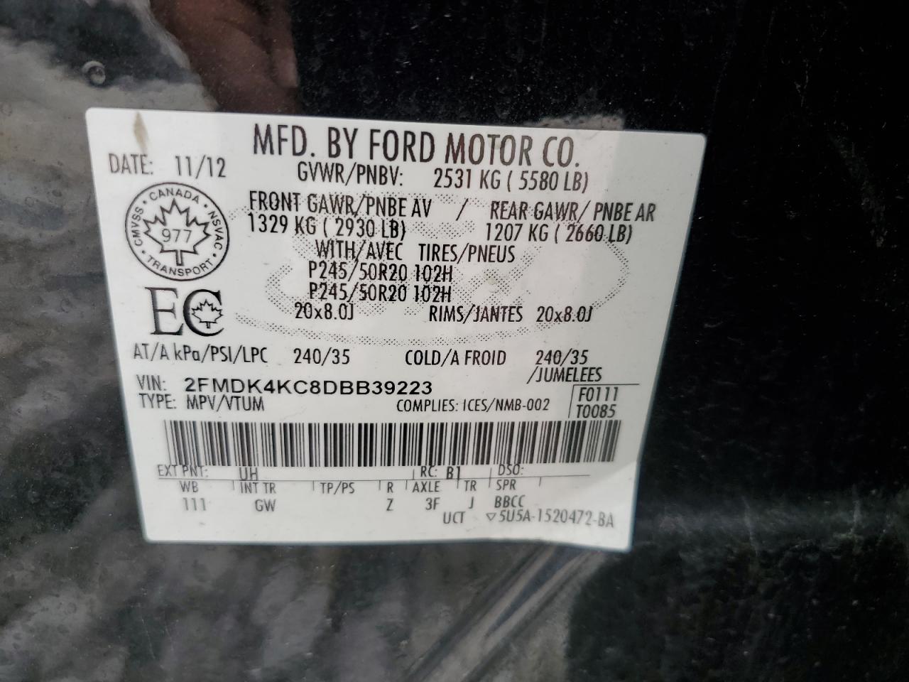 2013 Ford Edge Limited VIN: 2FMDK4KC8DBB39223 Lot: 57106904