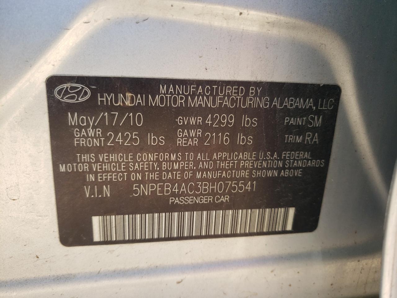 5NPEB4AC3BH075541 2011 Hyundai Sonata Gls