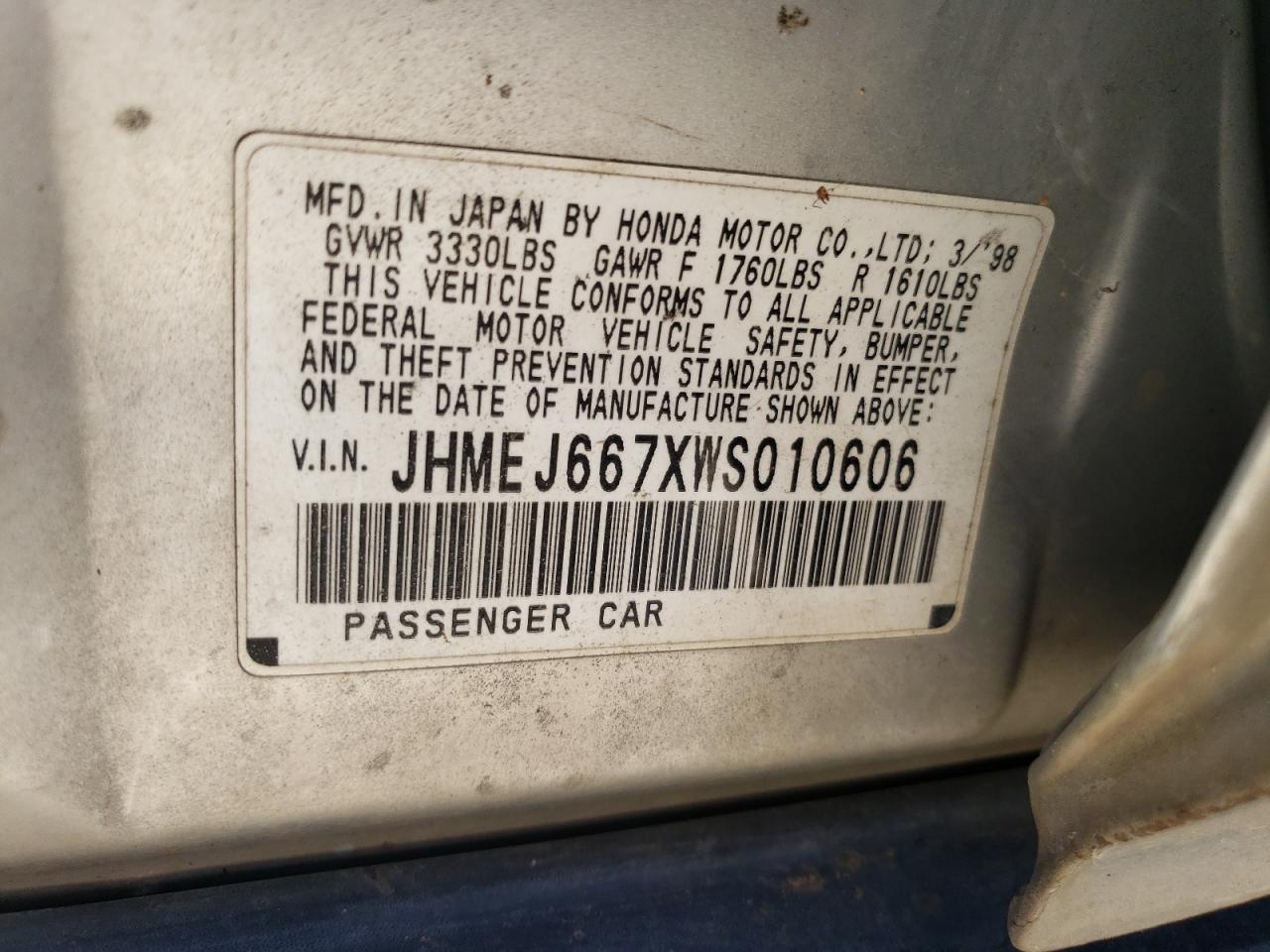 1998 Honda Civic Lx VIN: JHMEJ667XWS010606 Lot: 56945314