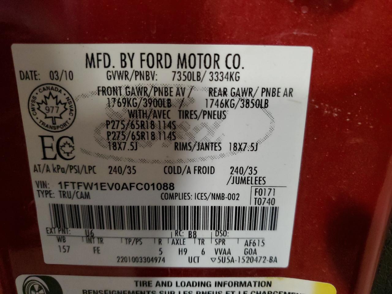 2010 Ford F150 Supercrew VIN: 1FTFW1EV0AFC01088 Lot: 58310424