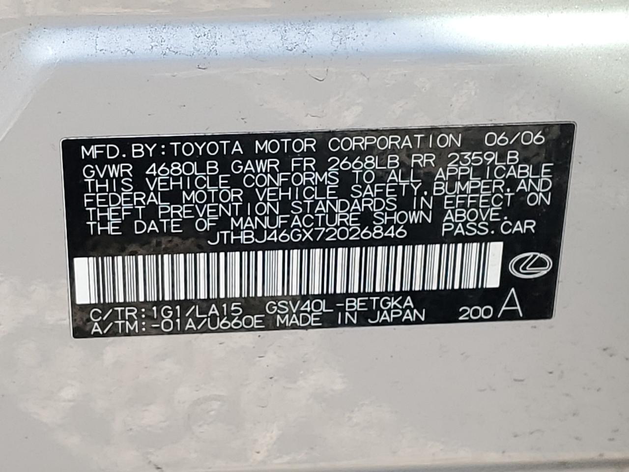 2007 Lexus Es 350 VIN: JTHBJ46GX72026846 Lot: 58224304