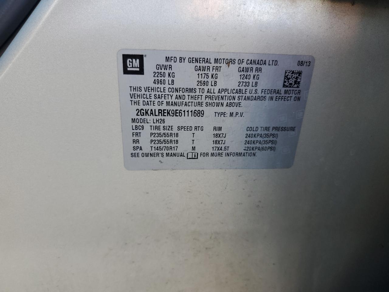 2014 GMC Terrain Sle VIN: 2GKALREK9E6111689 Lot: 60441424