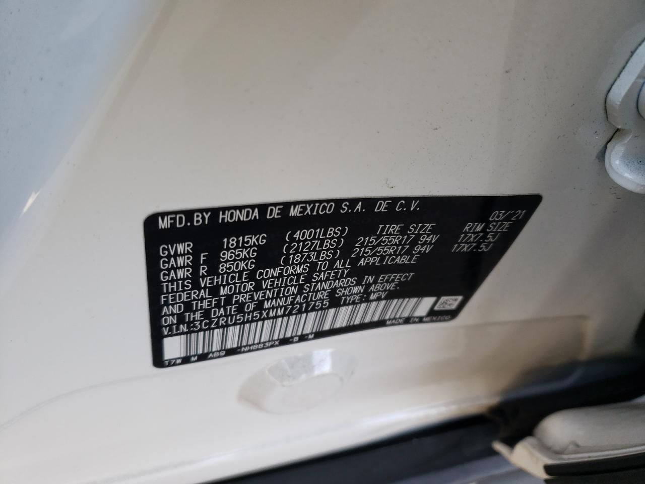 2021 Honda Hr-V Ex VIN: 3CZRU5H5XMM721755 Lot: 60358044