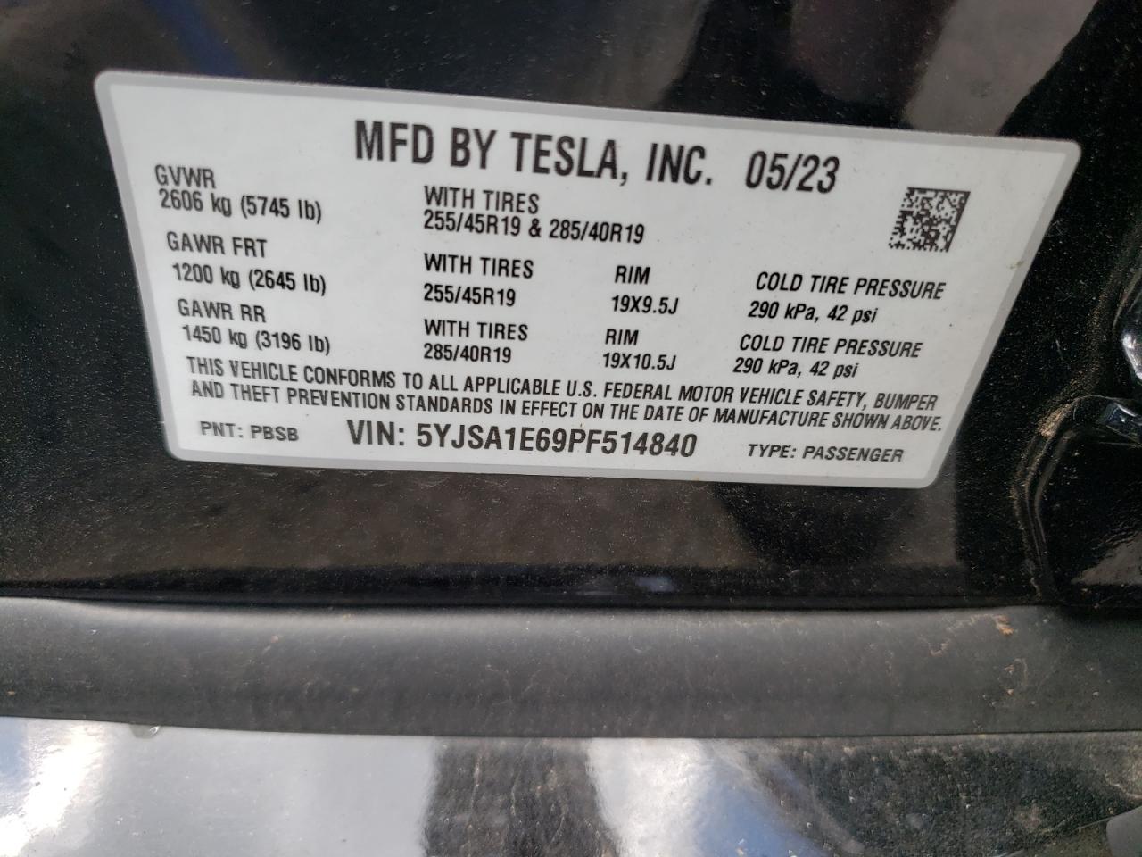 2023 Tesla Model S VIN: 5YJSA1E69PF514840 Lot: 59067484