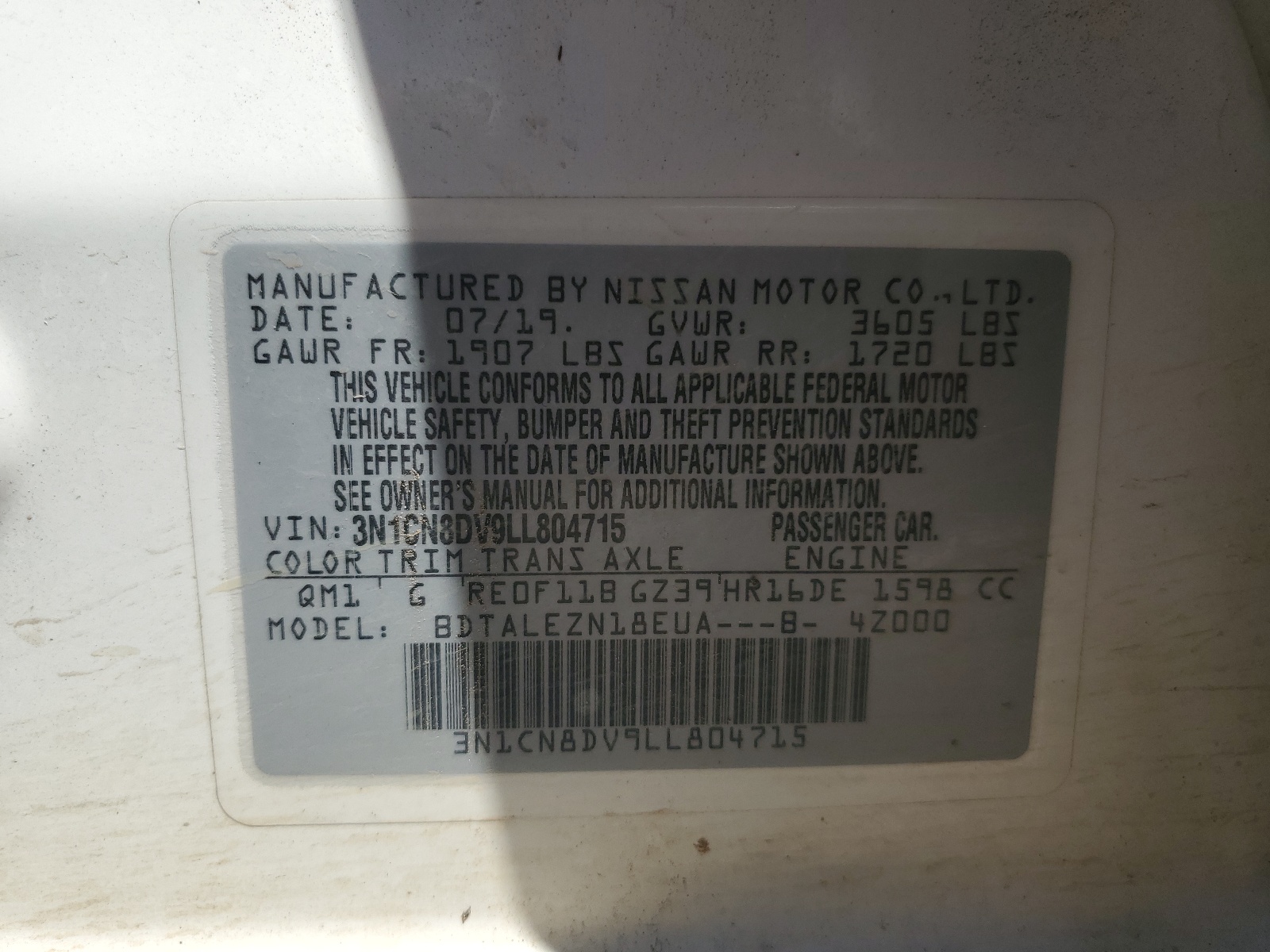 3N1CN8DV9LL804715 2020 Nissan Versa S