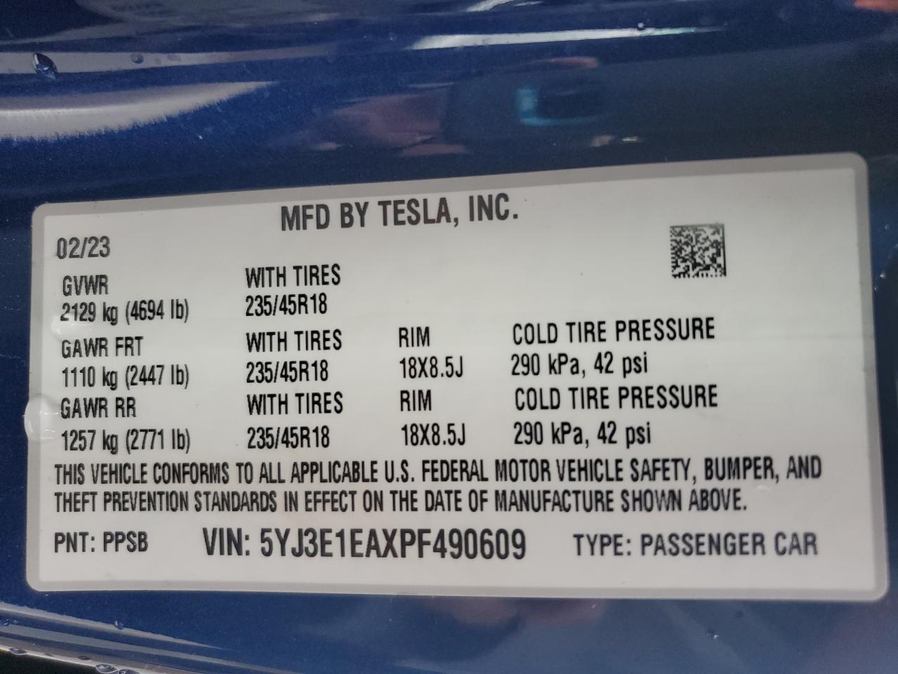 5YJ3E1EAXPF490609 2023 Tesla Model 3