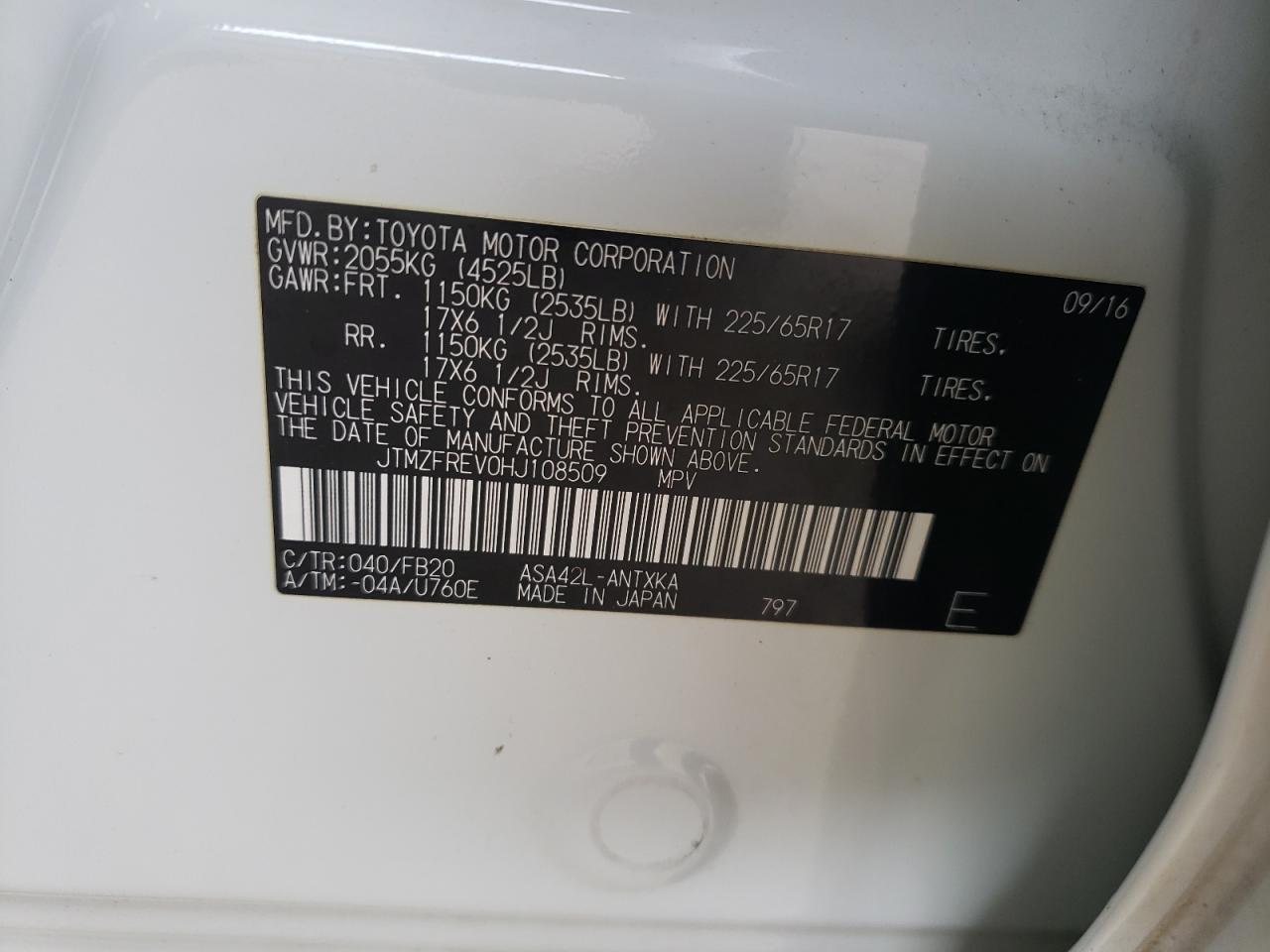 2017 Toyota Rav4 Le VIN: JTMZFREV0HJ108509 Lot: 61154074