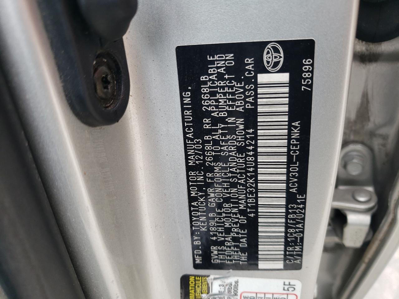 2004 Toyota Camry Le VIN: 4T1BE32K14U844214 Lot: 60303654