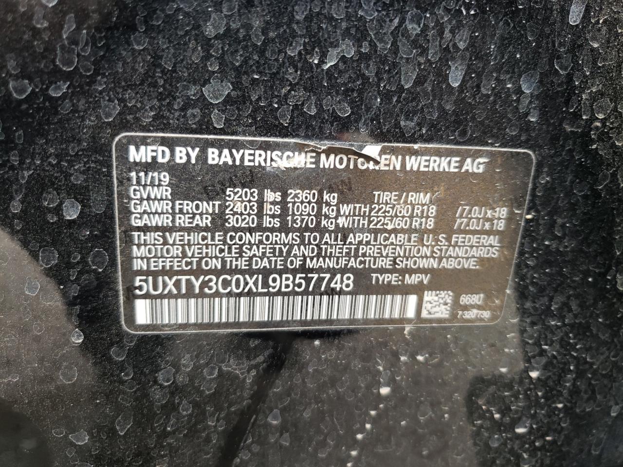 5UXTY3C0XL9B57748 2020 BMW X3 Sdrive30I