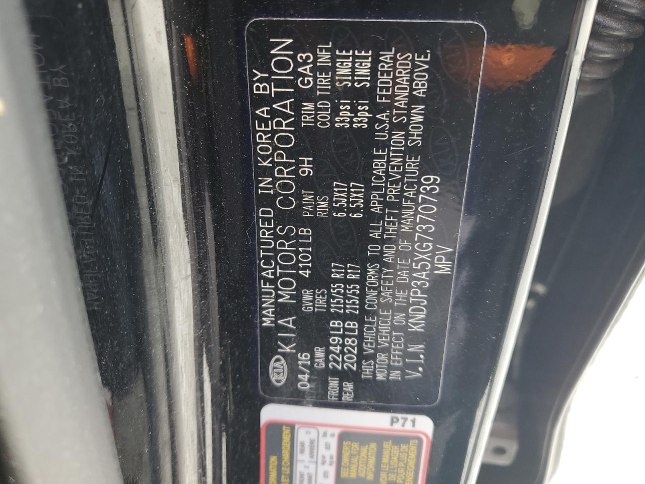 2016 Kia Soul + VIN: KNDJP3A5XG7370739 Lot: 61219334