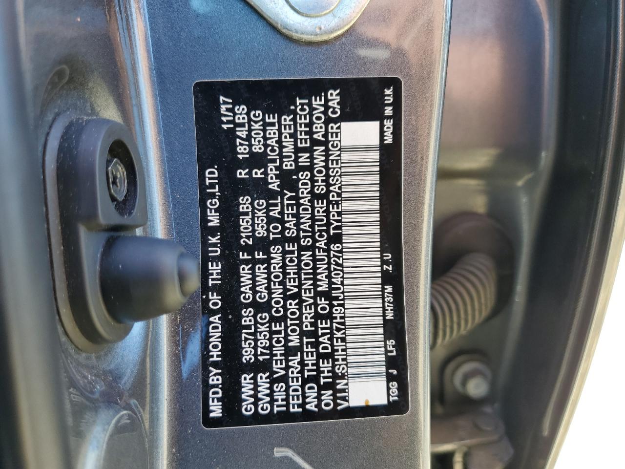 2018 Honda Civic Sport Touring VIN: SHHFK7H91JU407276 Lot: 59746204