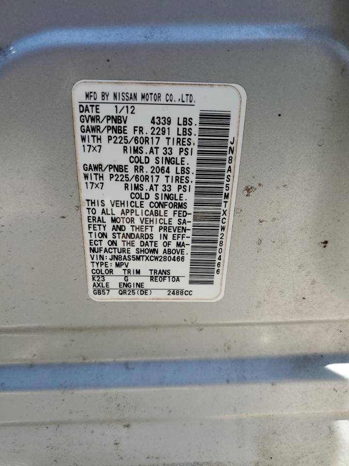 2012 Nissan Rogue S VIN: JN8AS5MTXCW280466 Lot: 57165694