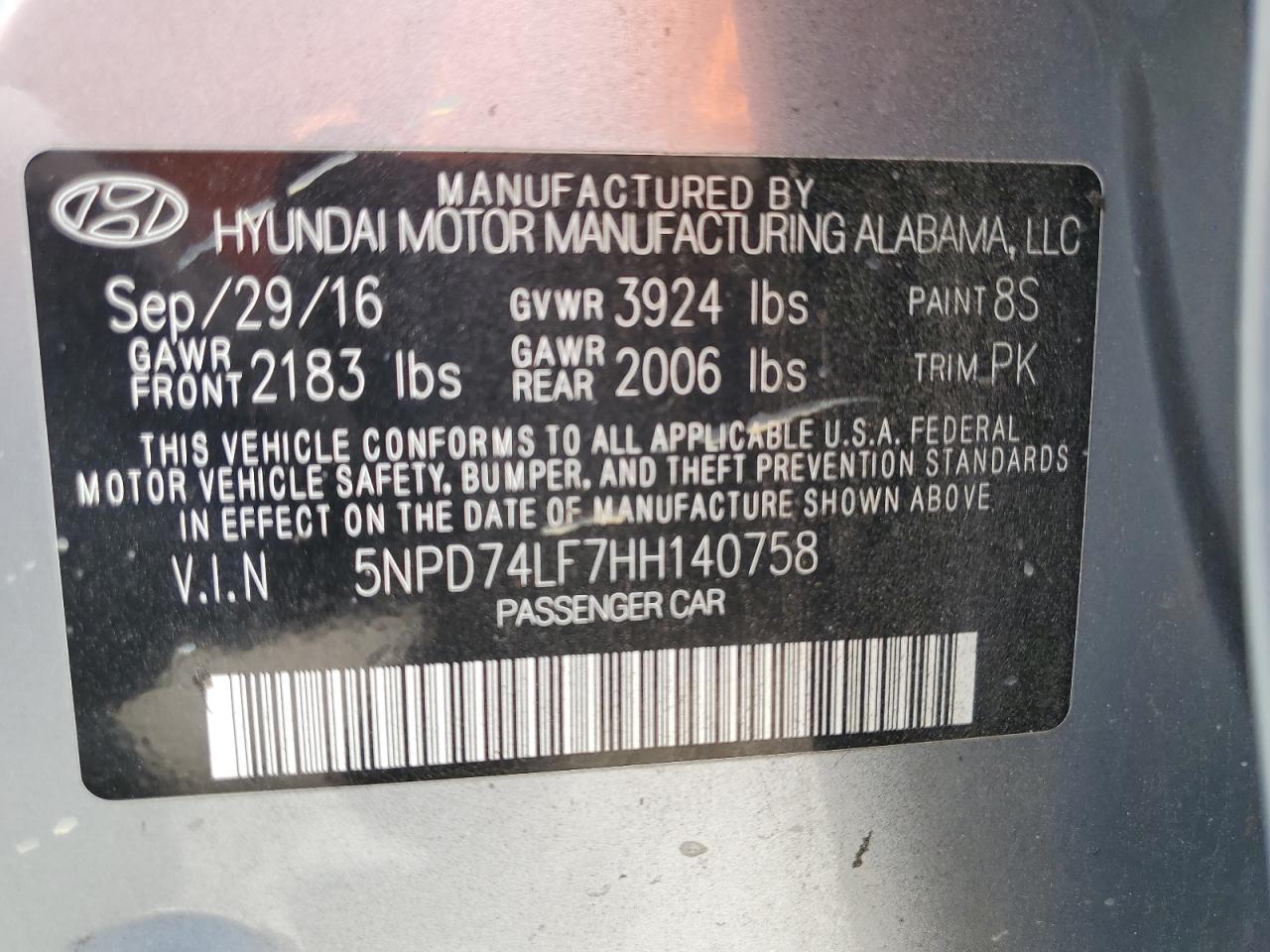 2017 Hyundai Elantra Se VIN: 5NPD74LF7HH140758 Lot: 57564954