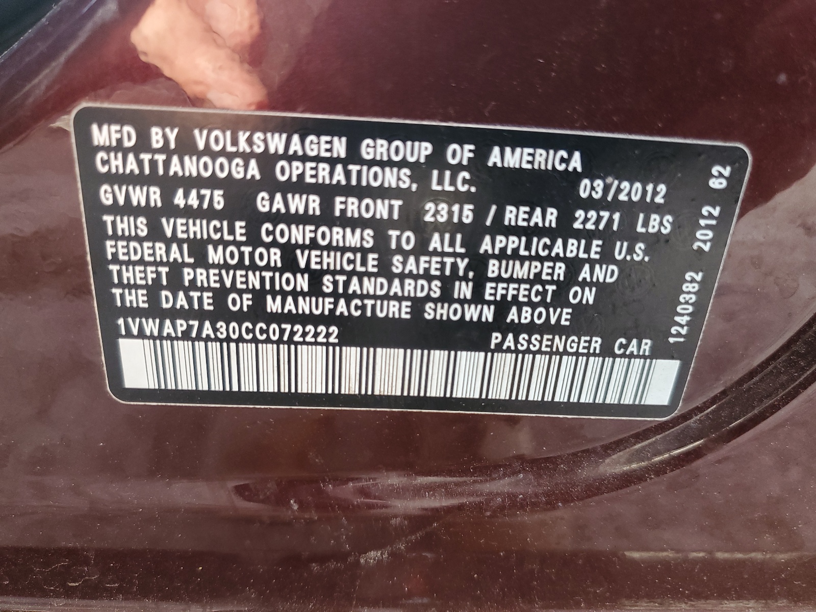 1VWAP7A30CC072222 2012 Volkswagen Passat S