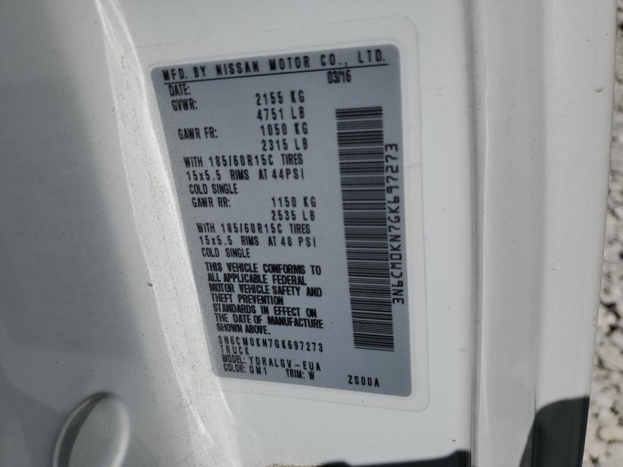 2016 Nissan Nv200 2.5S VIN: 3N6CM0KN7GK697273 Lot: 59384804