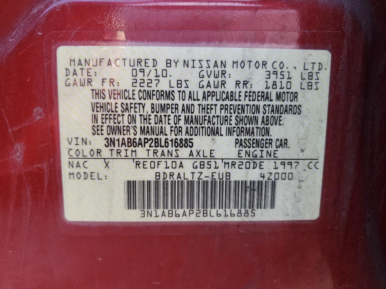 2011 Nissan Sentra 2.0 VIN: 3N1AB6AP2BL616885 Lot: 59638224