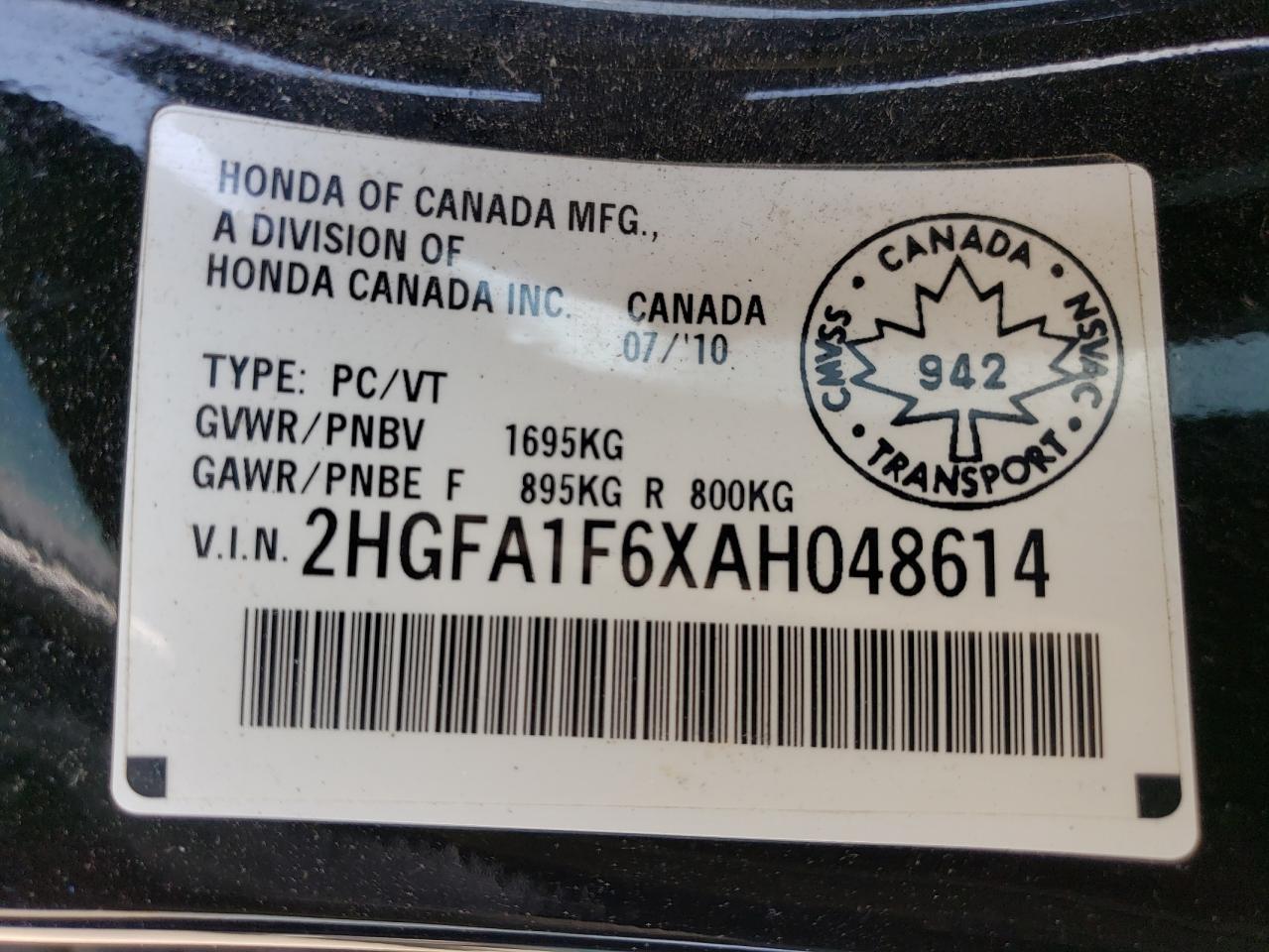 2010 Honda Civic Lx-S VIN: 2HGFA1F6XAH048614 Lot: 58931464