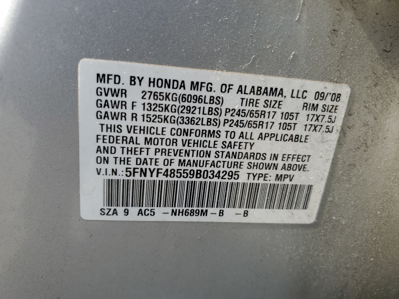 5FNYF48559B034295 2009 Honda Pilot Exl
