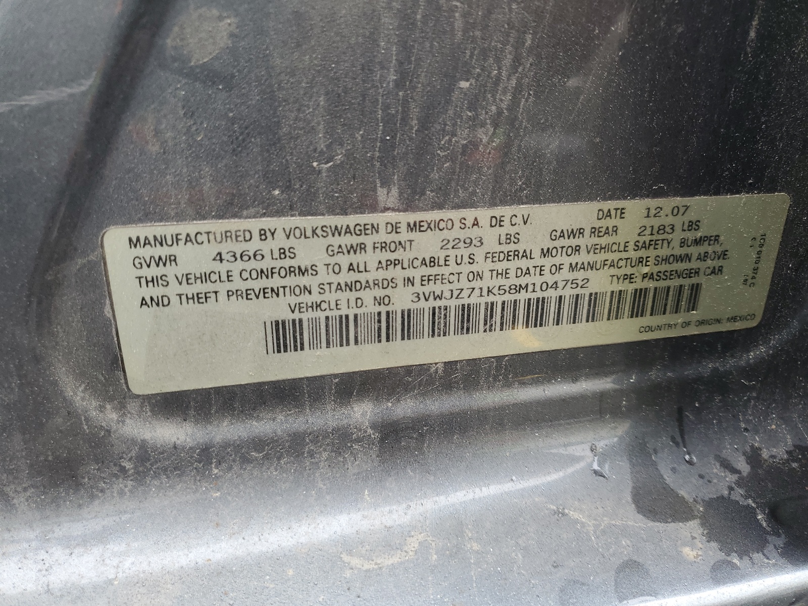 3VWJZ71K58M104752 2008 Volkswagen Jetta S