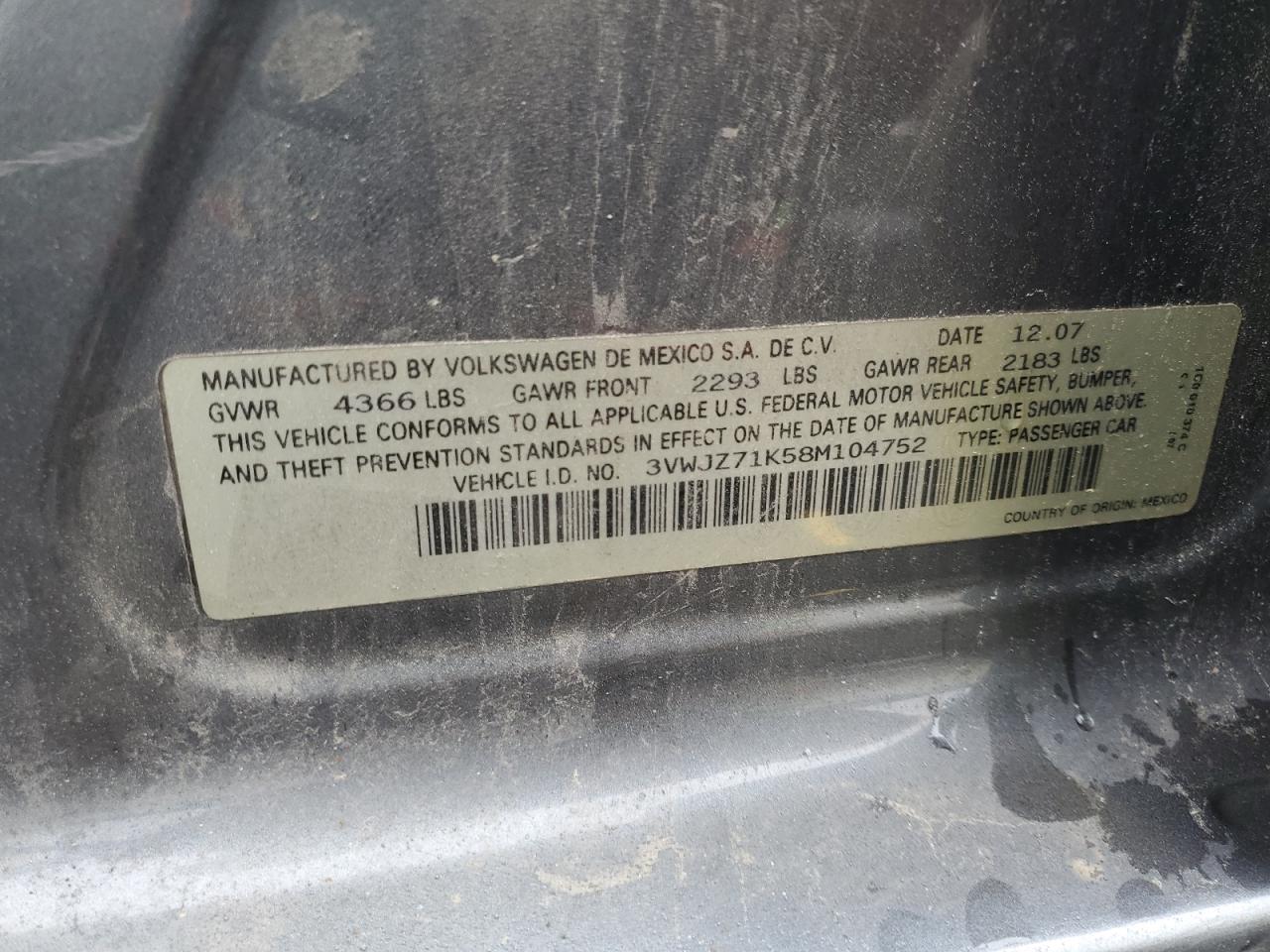2008 Volkswagen Jetta S VIN: 3VWJZ71K58M104752 Lot: 57272064