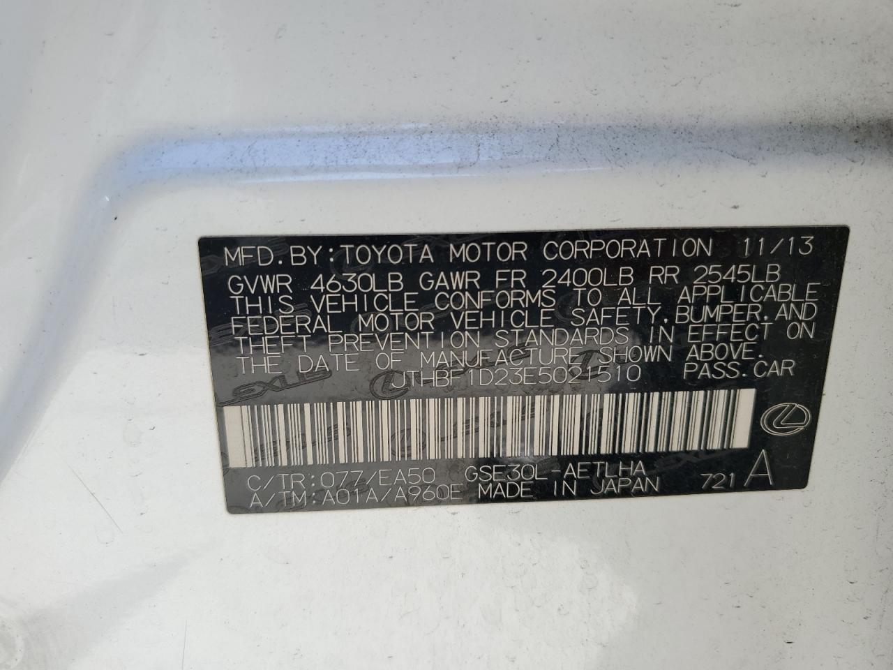 2014 Lexus Is 250 VIN: JTHBF1D23E5021510 Lot: 58128974